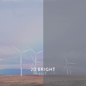 Puede incluir: Una imagen dividida que muestra un campo de aerogeneradores bajo un cielo nublado. El lado izquierdo de la imagen es m&aacute;s brillante que el lado derecho, que es m&aacute;s oscuro y m&aacute;s apagado. El texto "20 BRIGHT LUT" es visible en la esquina inferior derecha de la imagen.