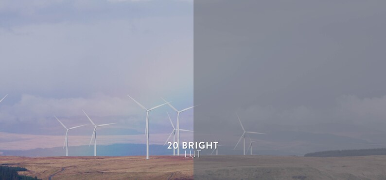 Puede incluir: Una imagen dividida que muestra un campo de aerogeneradores bajo un cielo nublado. El lado izquierdo de la imagen es m&aacute;s brillante que el lado derecho, que es m&aacute;s oscuro y m&aacute;s apagado. El texto "20 BRIGHT LUT" es visible en la esquina inferior derecha de la imagen.