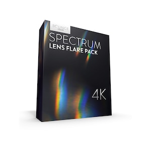 May include: A black box with the text "BOUNCE COLOR SPECTRUM LENS FLARE PACK 4K" on it. The box has a holographic effect with rainbow colors.