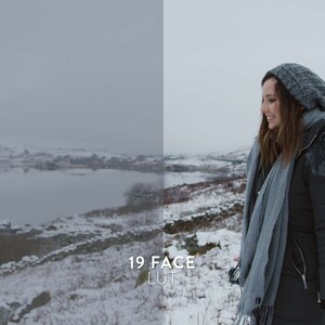 Puede incluir: Una mujer con un gorro gris, una bufanda gris y una chaqueta negra se encuentra en un paisaje nevado. El fondo muestra un lago y monta&ntilde;as.