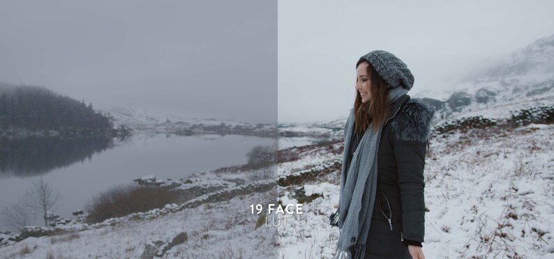 Puede incluir: Una mujer con un gorro gris, una bufanda gris y una chaqueta negra se encuentra en un paisaje nevado. El fondo muestra un lago y monta&ntilde;as.