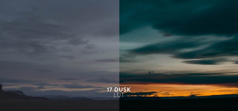 Puede incluir: Una comparaci&oacute;n de dos im&aacute;genes que muestran la misma escena de paisaje, una con una paleta de colores est&aacute;ndar y la otra con un filtro de color aplicado. La imagen filtrada tiene una paleta de colores m&aacute;s oscura y dram&aacute;tica con un cielo turquesa y una puesta de sol naranja.