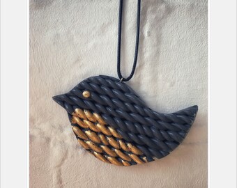 Hand Crafted Robin Pendant In Grey Clay And Gold Leaf. Cable Knit Design. Ideal Mother’s Day Gift