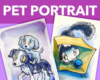 Custom cartoon pet painting: Watercolor art based on YOUR PHOTO