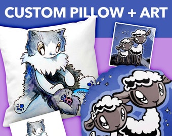 Custom cartoon art + pillow: Original art based on YOUR personalized specifications!
