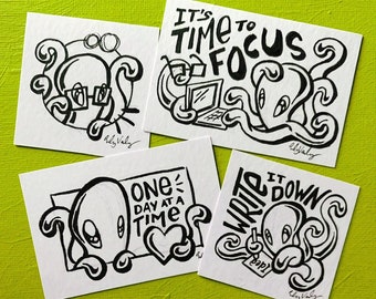 Octopus mini art! Encouraging, motivational ink drawings (4 styles)