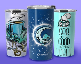 Travel Mug (3 options): Fantasy Coffee, Light Up the Dark, See the Good in the World - Skoshie the Cat, Wisp the Dragon