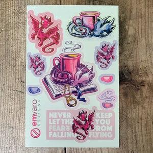 Thar Be Dragons And Also Coffee: Sticker sheet, choice of 3 colors Pink