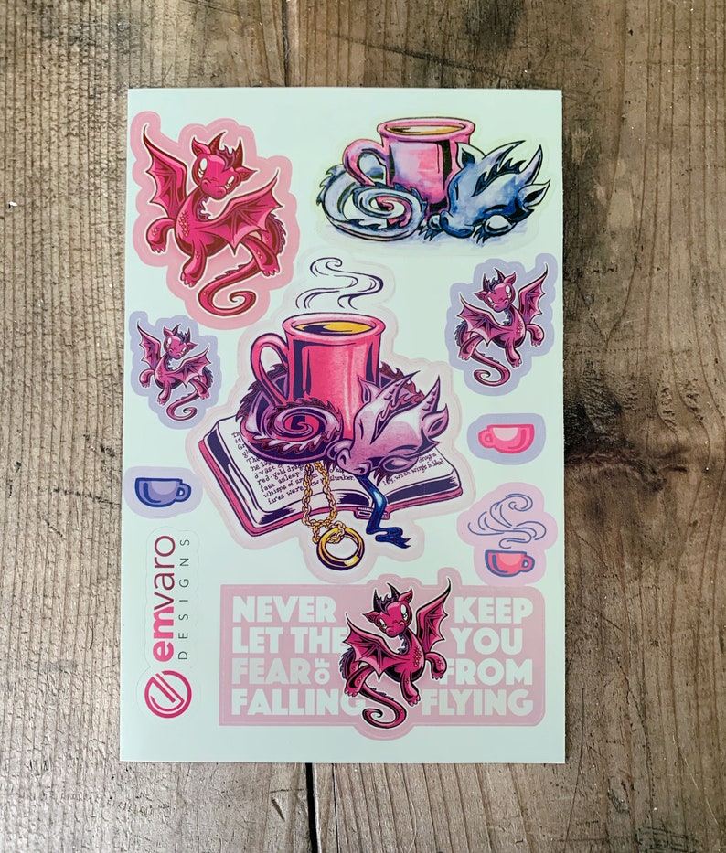 Thar Be Dragons And Also Coffee: Sticker sheet, choice of 3 colors Pink