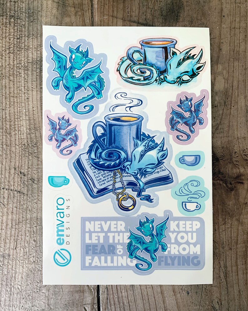 Thar Be Dragons And Also Coffee: Sticker sheet, choice of 3 colors Blue