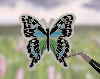 Tropical Blue Swallowtail Butterfly Sticker, Matte Metallic