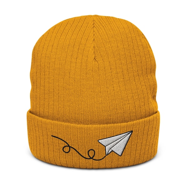 Embroidered Paper Plane Beanie, Minimalist Anti Tech Eco-Friendly Cuffed Hat