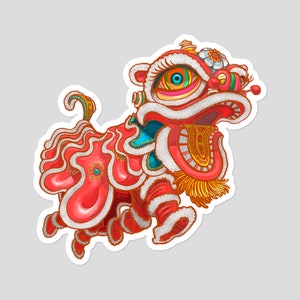 Chinese New Year Sticker, Playful Lion Dancer Celebrating Spring Festival, Kung Hei Fat Choy Gong Xi Fa Cai