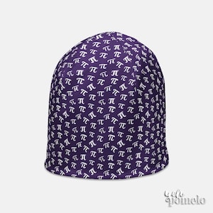 May include: Purple beanie with a white pi symbol pattern.