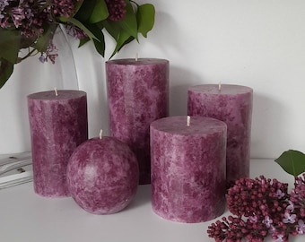 Purple pillar candles. Unique decorftive candles. Deep purple candles. Homemade candles. Magenta candle