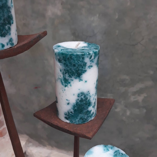 Teal decorative  candle. Turquoise pillar candles - Aqua home decor - Marble candle.