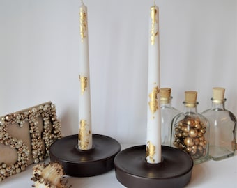White Taper candles. Set o 6 decorative candles sticks.  Dinner candles 8 1/2" or 11" gold or silver decor