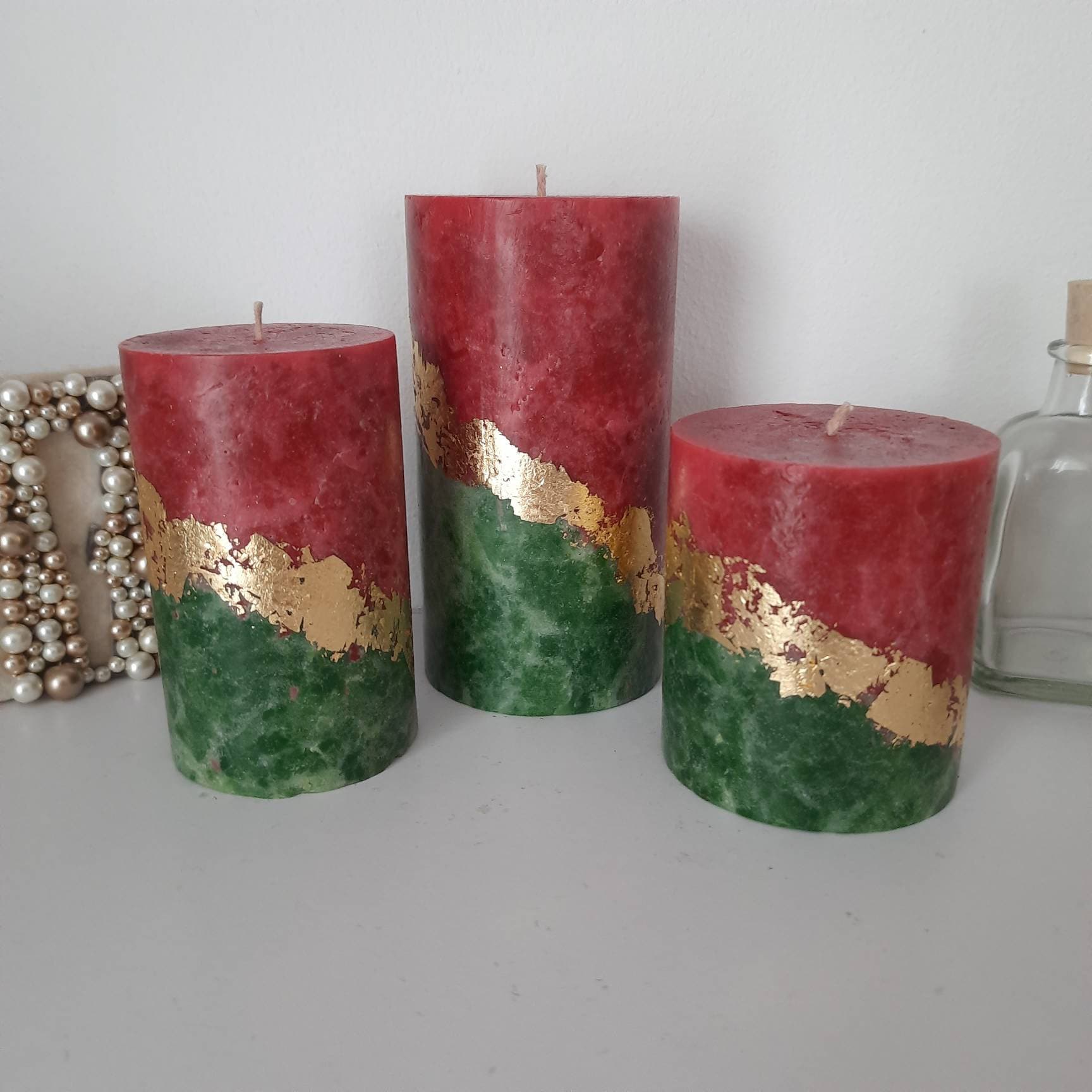 Red Green Gold Christmas Candles Pillar Candle Set of 3 Etsy