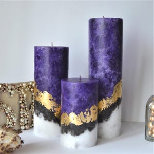 Dark purple pillar candles. Luxury candle gift set Set of 3 Unique candles with gold decor.