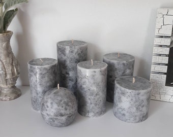 Grey pillar candles Unique decorative candles with marble texture. Industrial style decor for office or home. Choose the size