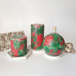Emerald Green red pillar candles.Christmas candles. Holiday candles for hygge christmas. Festive decorative candles.