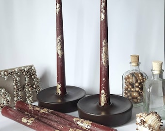 Burgundy Taper Candles with Gold, Set of 6, 8.5" or 11"