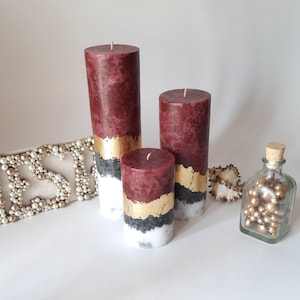 Burgundy pillar candles. Set of 3 Unique candle. Decorative candles, Unscented candles with gold decor. Designer candle Marble candles