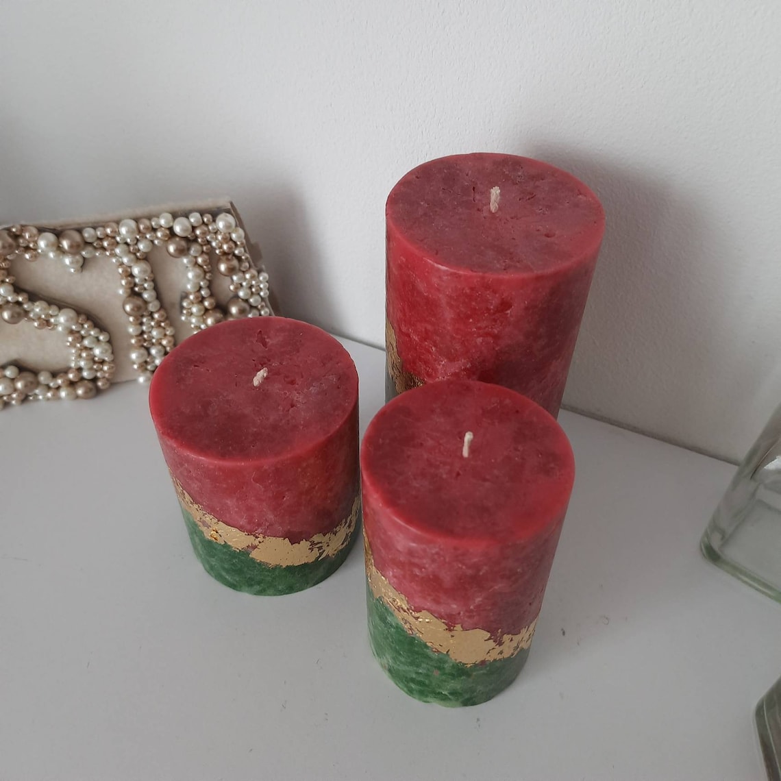 Red Green Gold Christmas Candles Pillar Candle Set of 3 Etsy