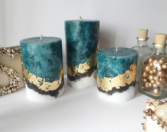 Gold Teal PIllar Candles, set of 3 Unique candles for Teal decor. Turquoise Decorative candle gift. Unscented candles