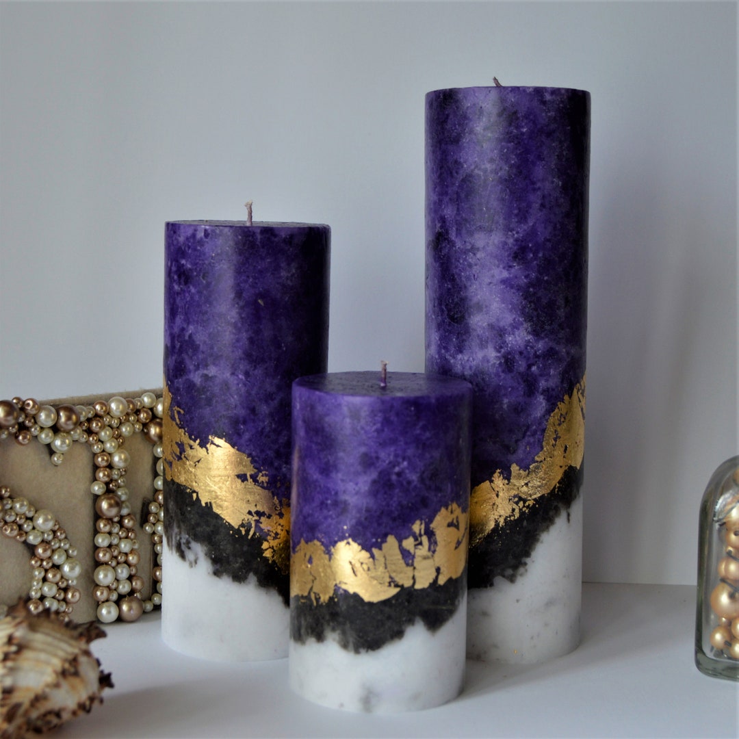 Dark Purple Pillar Candles. Set of 3 Unique Candle. Unscented Candles