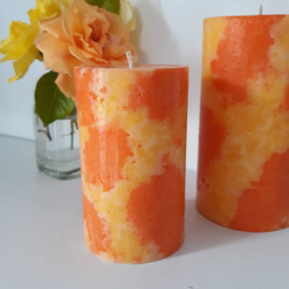Orange and yellow pillar candles. Decorative candles. Etsy