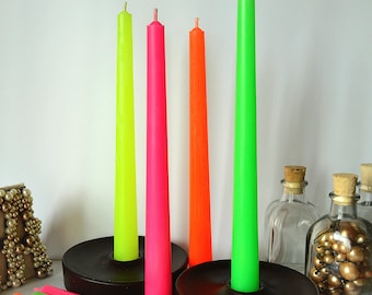 Neon taper candles. Set o 6 decorative candles sticks. Bright Hot Pink Orange Green Yellow Dinner candles 8 1/2" or 11"