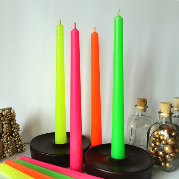 Neon taper candles. Set o 6 decorative candles sticks. Bright Hot Pink Orange Green Yellow Dinner candles 8 1/2" or 11"