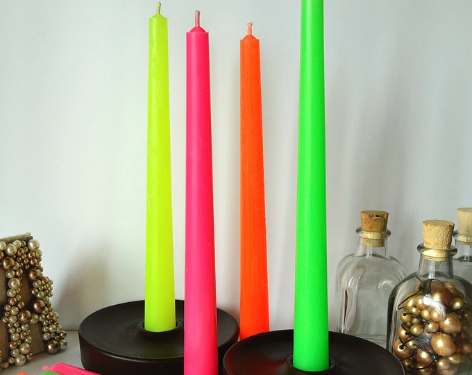 Neon taper candles. Set o 6 decorative candles sticks. Bright Hot Pink Orange Green Yellow Dinner candles 8 1/2" or 11"