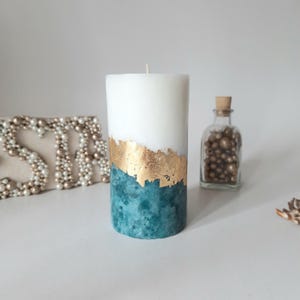 Teal Gold Pillar Candles. Decorative candles for teal gold decor or candle gift. Unscented candles. Choose a size