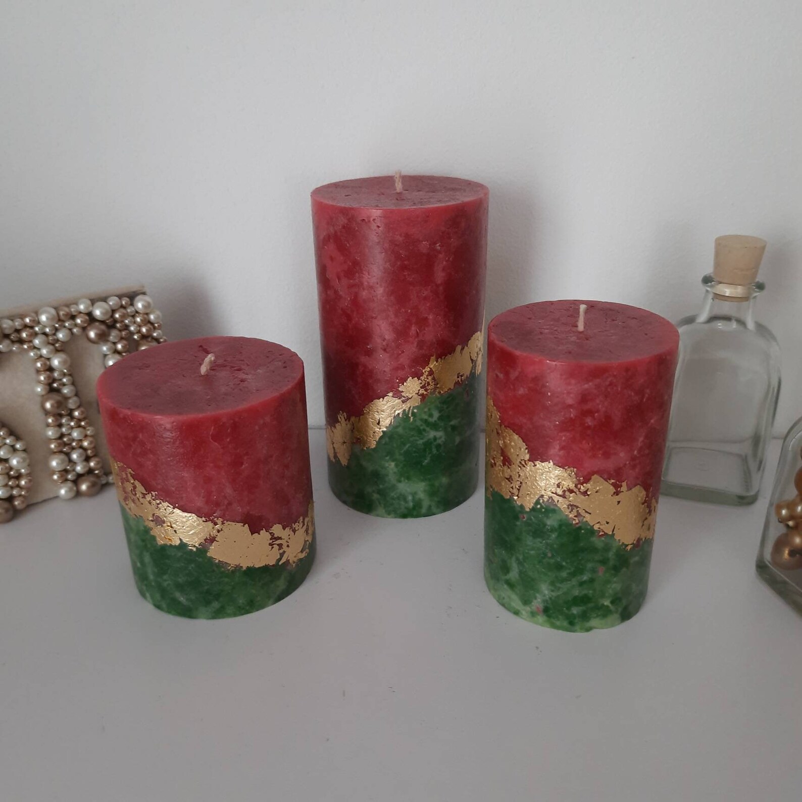 Red Green Gold Christmas Candles Pillar Candle Set of 3 Etsy