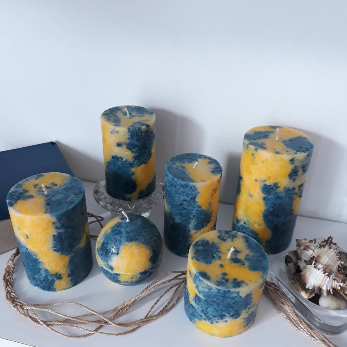 Dark Blue Yellow Decorative Candles Pillar candles Unique Etsy