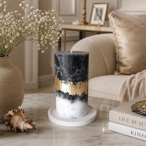 Black Gold White Pillar Candles. Decorative candles for Black Gold White decor or candle gift. Unscented candles. Choose a size imagen 1