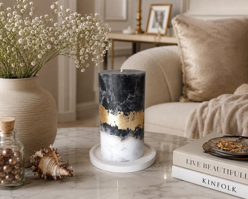 Black Gold White Pillar Candles. Decorative candles for Black Gold White decor or candle gift. Unscented candles. Choose a size imagen 1