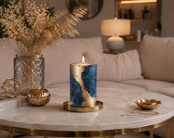 Navy Blue Pillar Candle with Gold Leaf Decor, Unscented Luxury Home Accent
