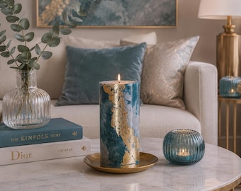 Teal Gray Gold  PIllar Candles, Unique candles for Teal Gray decor. Turquoise Decorative candle gift. Choose the size. Unscented candle