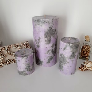 Grey and purple pillar candles Unique decorative candles with marble texture.