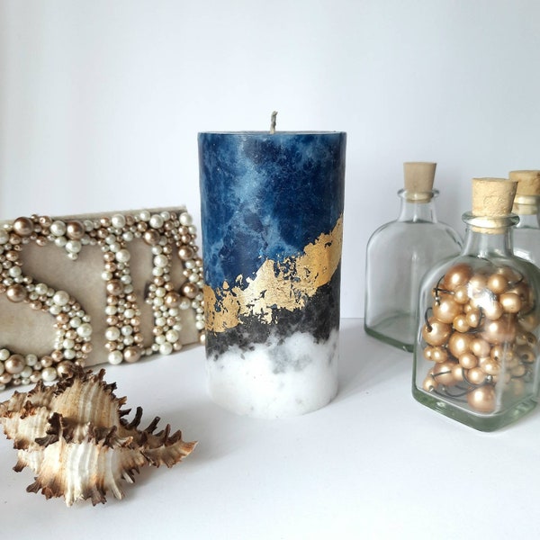 Decorative candles, Navy blue pillar candles. Designer candle. Unique candle Unscented candles with gold decor.