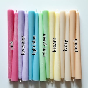 Pastel taper candles. Set o 6 decorative candles sticks.  Dinner candles 8 1/2" or 11" Peach Ivory Kream Lavender Pink candles