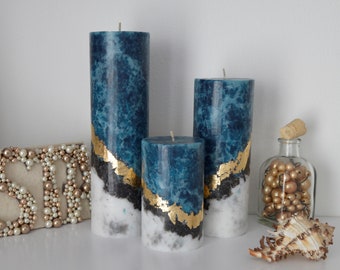 Navy blue pillar candles. Set of 3 Unique candle. Unscented candles with gold decor. Designer candle Marble candles