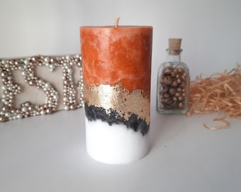 Orange Gold Pillar Candles. Fall candles. Decorative candles for fall centerpiece. Unscented candles. Choose the size.