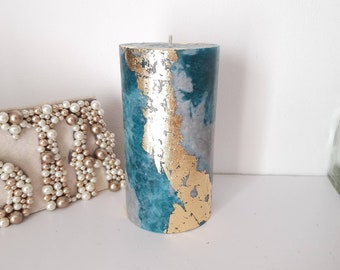 Teal Gray Gold  PIllar Candles, Unique candles for Teal Gray decor. Turquoise Decorative candle gift. Choose the size. Unscented candle