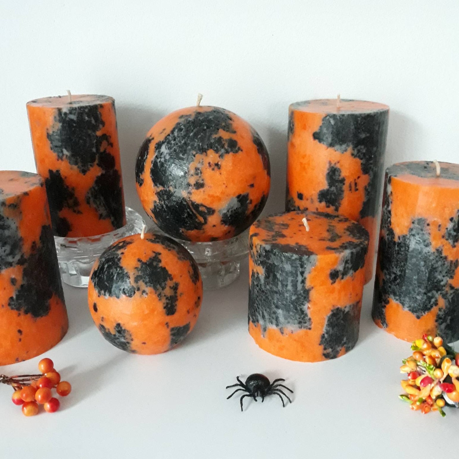 Decorative halloween candles. Black and Orange Pillar Candles. Etsy