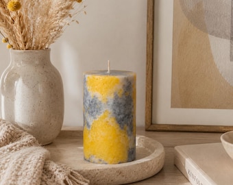 Yellow And Gray Pillar Candles. Decorative candle for mindfulness gift, or unique home decor. Сhoose a size
