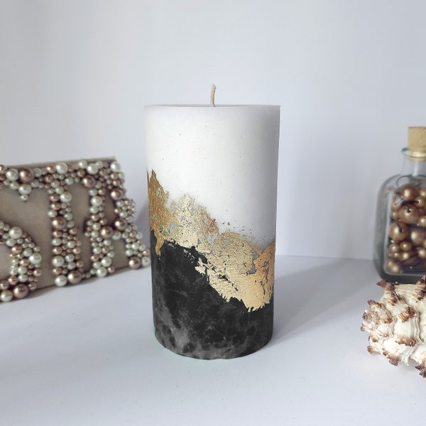 Black Gold White Pillar Candles. Decorative candles for Black Gold White decor or candle gift. Unscented candles. Choose a size